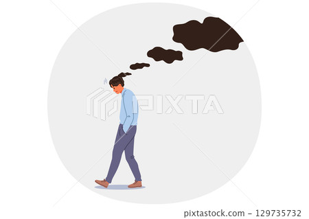 Troubled man feels stressed due to haunting memories of mistakes and business failures 129735732