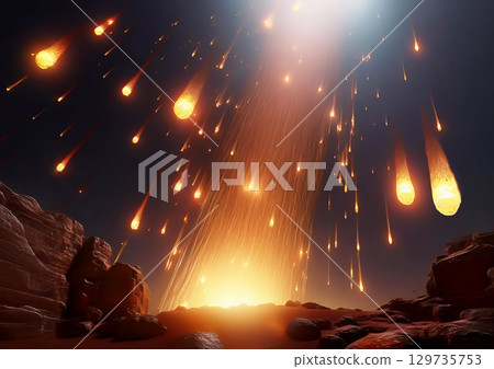 3D illustration of a fiery meteorite raining down on the ground 129735753