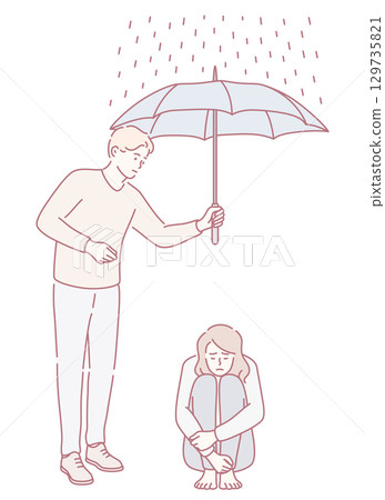 Providing Support and Comfort to Each Other Under the Umbrella During Rainy Weather 129735821