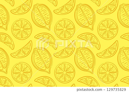 Seamless citrus pattern with line art style lemon slice on a yellow background. Perfect for fruit package, kitchen decor and summer theme. 129735829