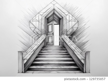 3D illustration of abstract door and stairs drawn on a sketchbook 3D illustration of abstract door and stairs drawn on a sketchbook 129735857