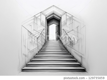3D illustration of abstract door and stairs drawn on a sketchbook 129735859