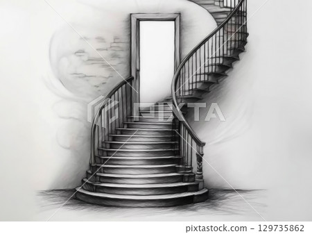 素描本上繪製的抽象門和樓梯的 3D 插圖 129735862
