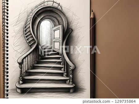素描本上繪製的抽象門和樓梯的 3D 插圖 素描本上繪製的抽象門和樓梯的 3D 插圖 129735864