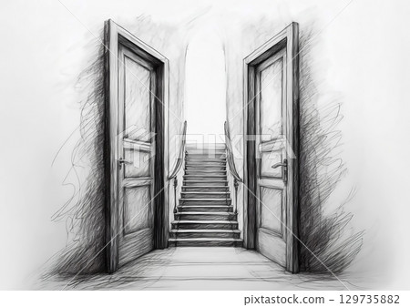 3D illustration of abstract stairs and doors drawn on a sketchbook 129735882