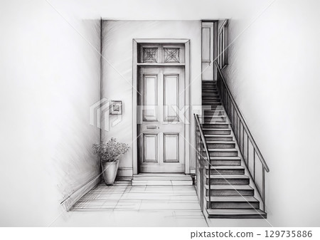 3D illustration of abstract stairs and doors drawn on a sketchbook 129735886