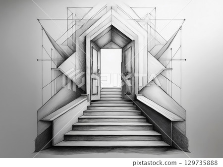 素描本上繪製的抽象樓梯和門的 3D 插圖 素描本上繪製的抽象樓梯和門的 3D 插圖 129735888