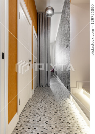 Modern Hallway with Textured Wallpaper and Bright Lighting Modern Hallway with Textured Wallpaper and Bright Lighting 129735890