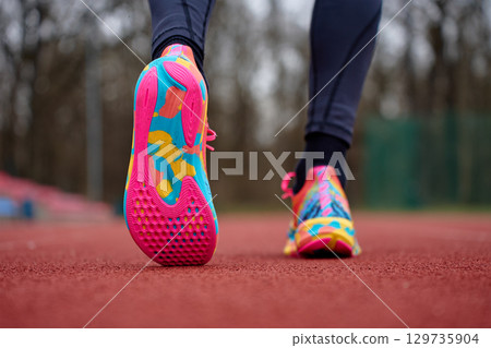 Person wearing colorful running shoes on track 129735904