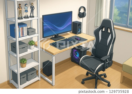A gaming PC room in a hobby space lined with figures and shelves 129735928