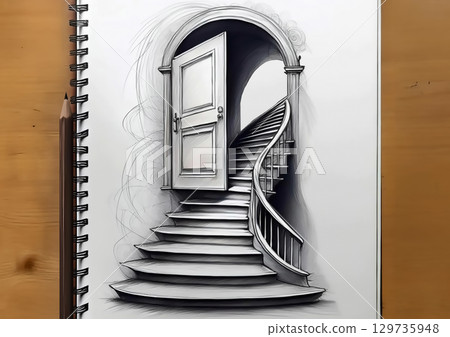 3D illustration of abstract stairs and doors drawn on a sketchbook 129735948