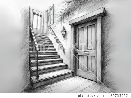 3D illustration of abstract stairs and doors drawn on a sketchbook 129735952
