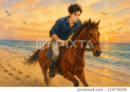 日落時分，一位年輕男子和他的馬在沙灘上奔跑 129736006
