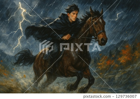 一個年輕人和他的馬在雷雨中奔跑 129736007