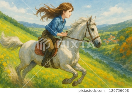 白馬與少女在山上奔騰 129736008