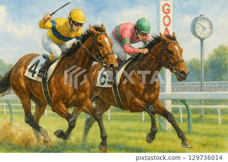 Watercolor illustration of a jockey and horse leading a horse race 129736014
