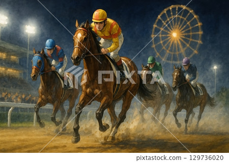 Night horse racing at a racecourse at night (watercolor style) 129736020