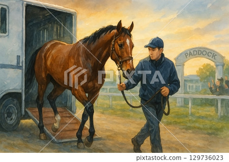 賽馬和馬夫正從馬拖車上卸下馬匹（水彩風格） 129736023