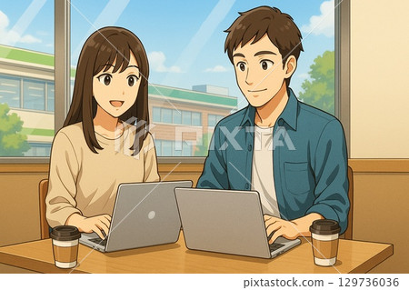 男男女女在咖啡館操作筆記型電腦 男男女女在咖啡館操作筆記型電腦 129736036