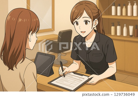 A female staff member and a customer undergoing counseling at a beauty salon 129736049