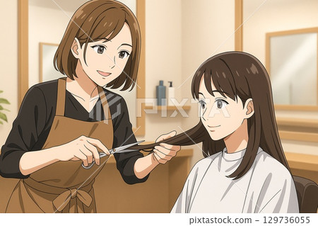 美容院裡,微笑的髮型師正在為顧客剪頭髮 美容院裡,微笑的髮型師正在為顧客剪頭髮 129736055