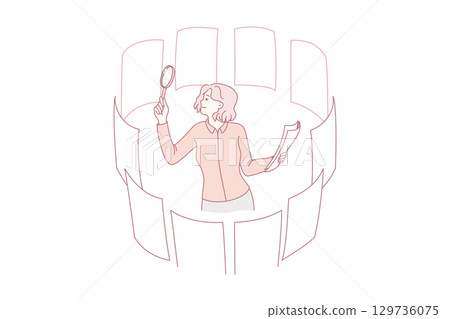 Businesswoman with magnifier glass search career options Businesswoman with magnifier glass search career options 129736075