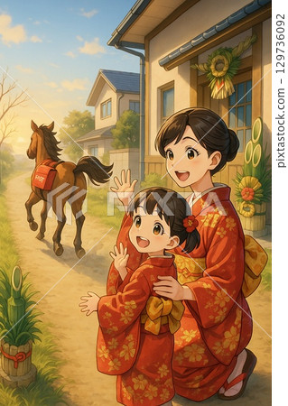 一匹載著新年祝福的馬，和穿著和服的微笑送行的父母和孩子 129736092