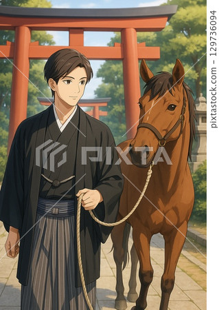 一名身穿和服的男子在神社鳥居門前牽著馬 129736094