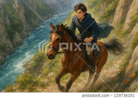 A young man and his horse galloping along the valley 129736101