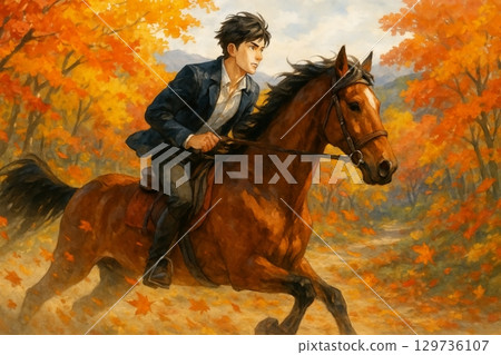 一位年輕男子和他的馬在秋葉森林中奔跑 129736107
