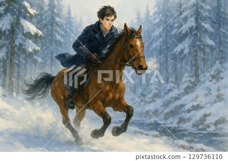 一個年輕人和他的馬穿過雪林 129736110