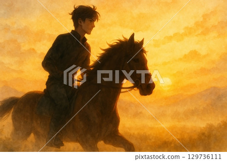黃昏時分，一位年輕男子和他的馬在草原上行走 129736111