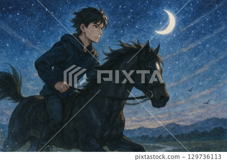 A young man and a black horse galloping under the moonlight A young man and a black horse galloping under the moonlight 129736113