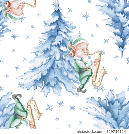 Seamless pattern with elf-saxophonist and Christmas tree. Watercolor illustration for printing on fabric, packaging, Christmas interior design, children's clothing, linen, postcards. 129736124