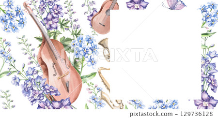 Rectangular frame with double bass and musical instruments on the background of flowers. Isolated watercolor illustration in a realistic style for decorating invitations, labels, postcards. 129736128
