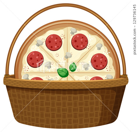 Pepperoni Pizza in Wicker Picnic Basket Illustration Pepperoni Pizza in Wicker Picnic Basket Illustration 129736145