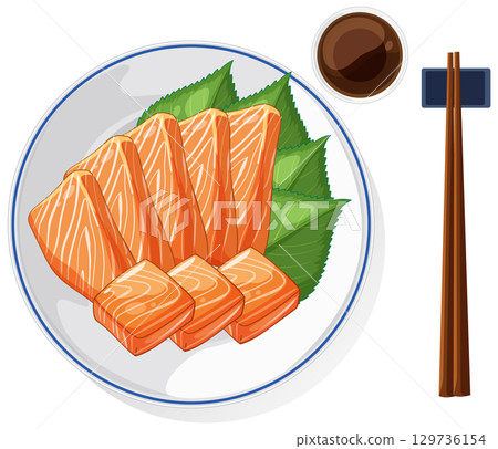 Vector Illustration of Fresh Salmon Sashimi with Chopsticks 129736154