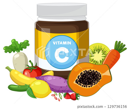 Vitamin C Supplement Jar with Fresh Fruits and Vegetables 129736156