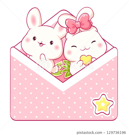 Square card in kawaii style with cute rabbit in envelope. Two little bunny in open letter. Can be used for t-shirt print, sticker, badge, greeting card. Vector illustration EPS8 129736196