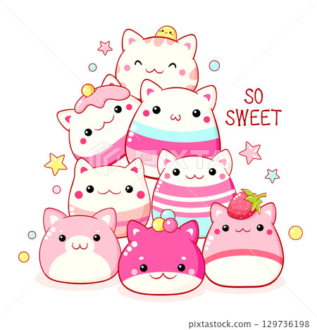 Stack of traditional Chinese animal-shaped mantou buns. Cute cat-shaped dessert in kawaii style. Inscription So sweet. Can be used for t-shirt print, sticker, greeting card. Vector illustration EPS8 129736198
