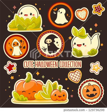 Vector set of cute eye-catching Halloween stickers. Halloween collection of cartoon stickers or badges with little ghost, pumpkin, grim reaper. Delightful and visually appealing Halloween stickers Vector set of cute eye-catching Halloween stickers. Halloween collection of cartoon stickers or badges with little ghost, pumpkin, grim reaper. Delightful and visually appealing Halloween stickers 129736200