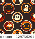 Vector seamless background with cute Halloween design. Tiling Halloween backdrop with ghost, pumpkin, grim reaper. Endless texture can be used for pattern fills, web page background, fabric design 129736201