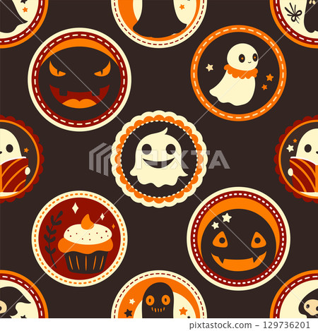 Vector seamless background with cute Halloween design. Tiling Halloween backdrop with ghost, pumpkin, grim reaper. Endless texture can be used for pattern fills, web page background, fabric design Vector seamless background with cute Halloween design. Tiling Halloween backdrop with ghost, pumpkin, grim reaper. Endless texture can be used for pattern fills, web page background, fabric design 129736201