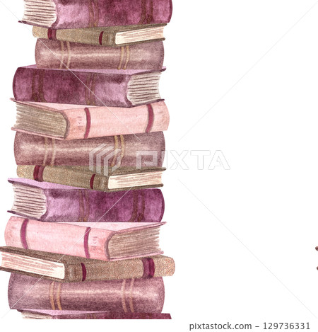 Stack of pink, gold hardcover old books watercolor seamless border isolated on white. Hand painted thick books perfect for stationary, bookstore, reading theme, book club labels, logo decor. Vertical 129736331