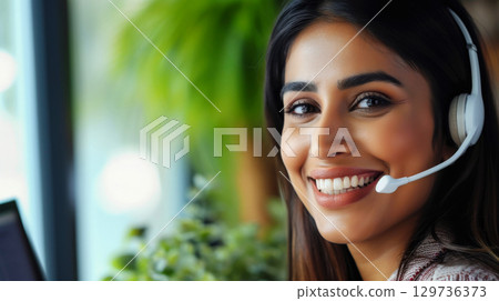Indian Female customer support Agent phone operator in headset . AI Generated 129736373