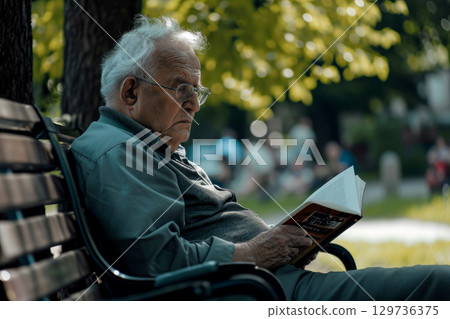 elderly man sitting on a bench in a park with a book in his hand, generative ai 129736375