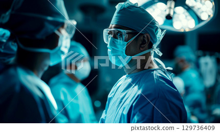 Photo of a male doctor performing surgery in an operating room. Generative AI 129736409