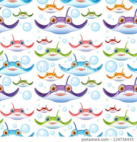 Colorful Cartoon Stingrays Underwater Pattern 129736435