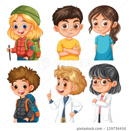 Charming Cartoon Kids in Various Outfits 129736438
