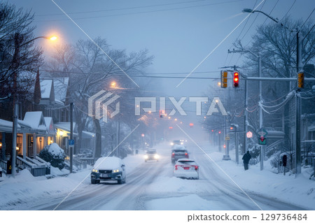 winter in the city, snowstorm, blizzard, Generative AI 129736484